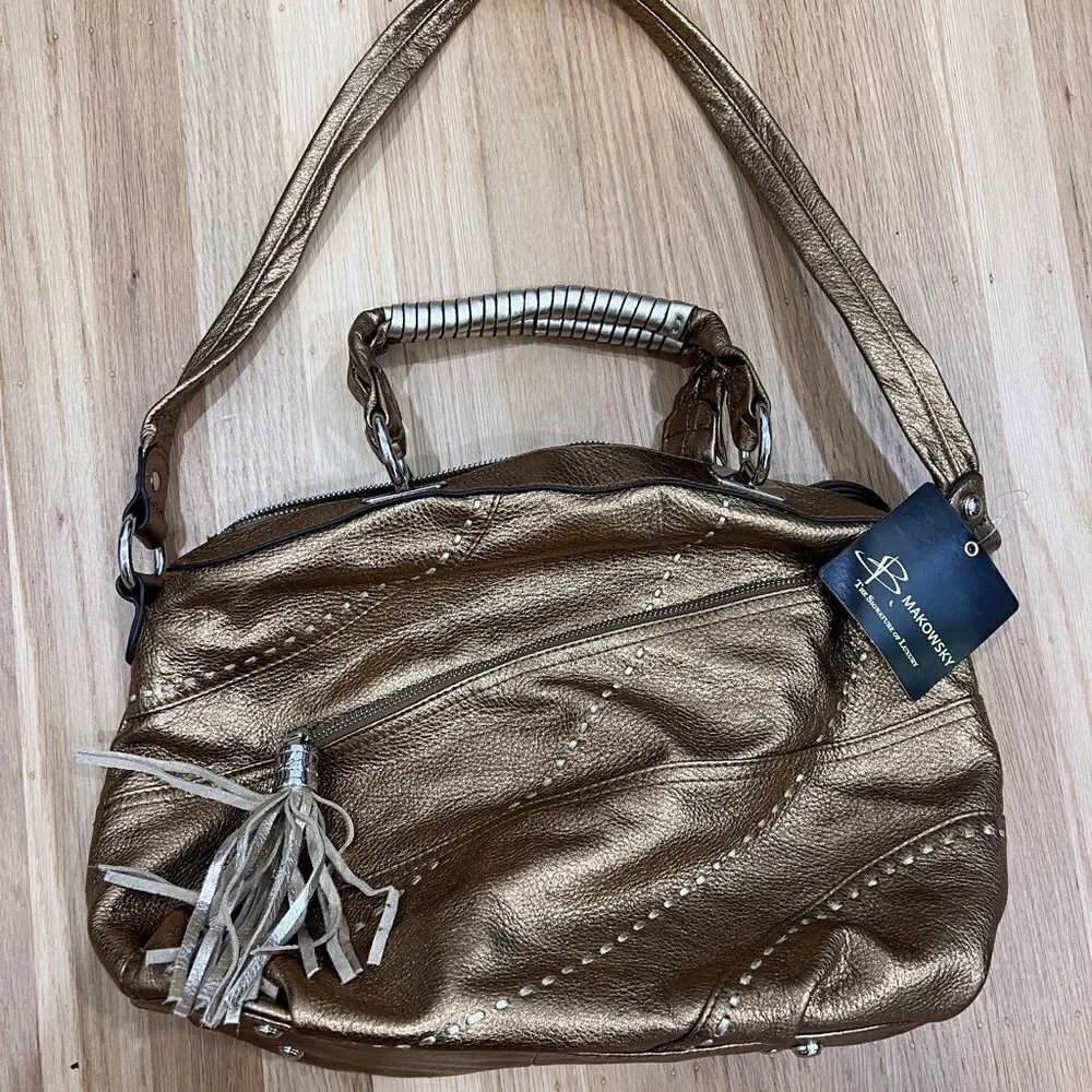 NWT B Makowski Gold Leather Hobo Bag